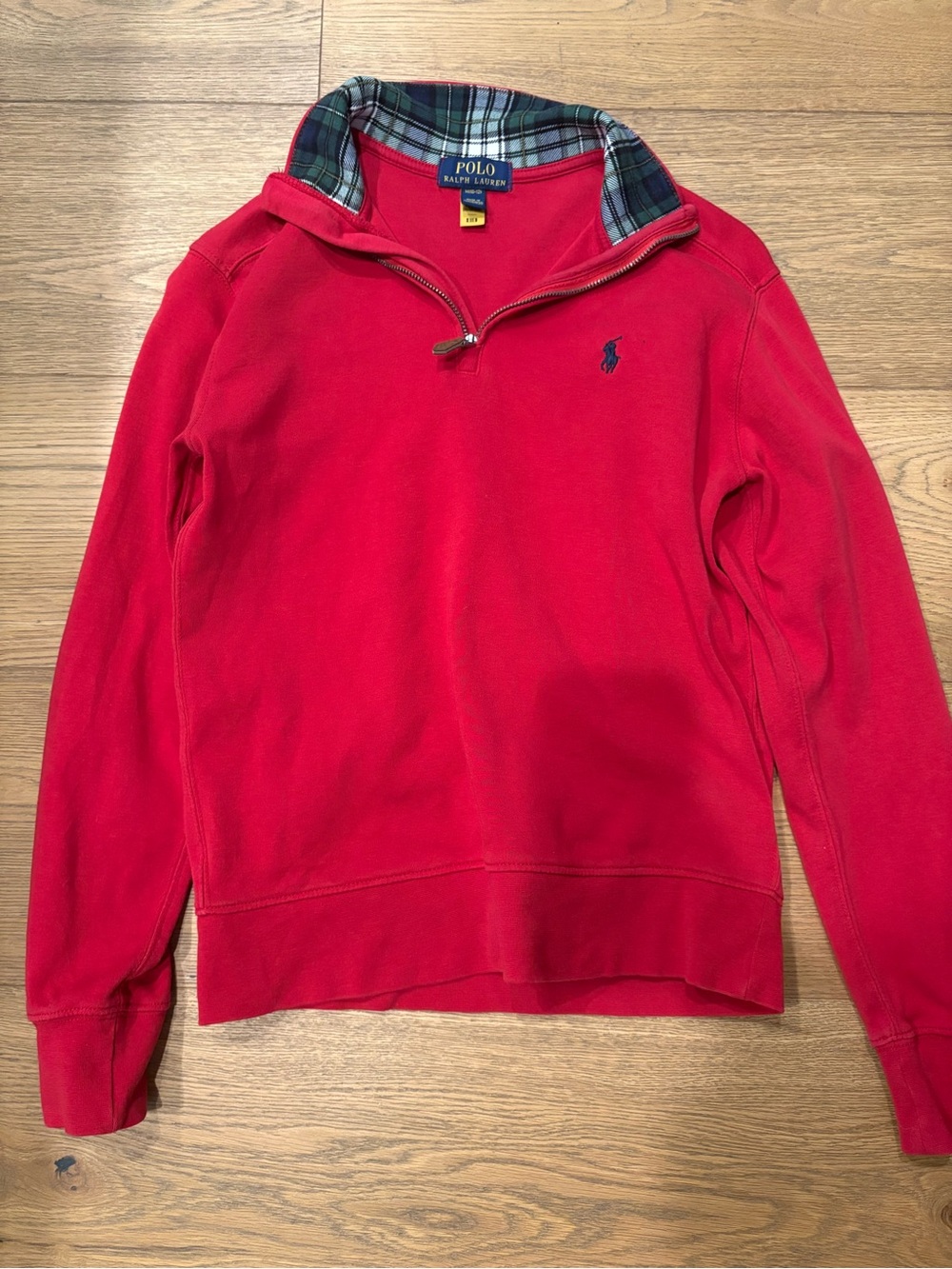 Polo by Ralph Lauren youth medium Scarlet Quarter-Zip Sweater with Plaid Collar